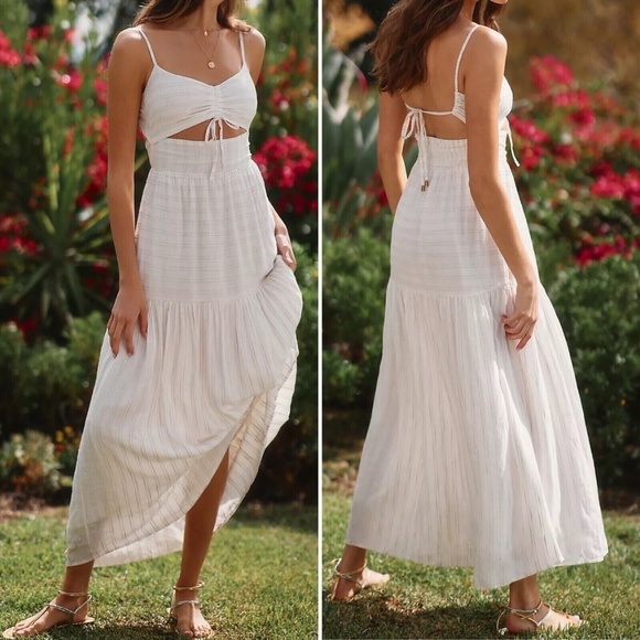 L*Space Zuri Dress White Striped Cutout Maxi Dress Size L - NWT